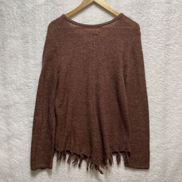 prAna Shelby Poncho Sweater Large Wool Knit Cable Fringe Boho Brown Red Rust - Picture 4 of 8